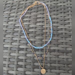 Set Of 3 Gold Blue Beaded Necklaces
